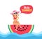 Hello summer. pretty woman sitting on watermelon floating on water