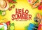 Hello Summer Realistic Vector Banner in Yellow Background with Tropical Elements Like Scuba Diving Equipment
