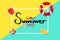 Hello summer, sales tag frame, travel seasonal holiday vacation, card and poster advertisement, colorful background vector