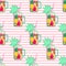 Hello summer seamless pattern. Fresh smoothie and fruits on stripped background.