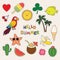 Hello summer. Set of cute stickers palms, fruits, parrot, ice cream, sun, cactus and others.
