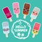 Hello Summer set ice cream, ice lolly Kawaii with sunglasses pink cheeks and winking eyes, pastel colors on light blue background.