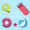 Hello Summer, Set of Inflatable Rings and Inflatable Mattress for Water Leisure, Cute Realistic Swimming Accessories, 3D