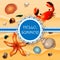 Hello, summer.Shells, crab and starfishes on sand background.