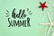 Hello Summer sign. Summer holidays, vacation and travel concept. Starfishes and rocks on mint background with text