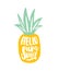 Hello Summer slogan handwritten with elegant calligraphic script on pineapple. Modern summertime composition with