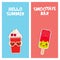 Hello summer Smoothie Bar bright tropical card design, fashion patches badges stickers. ice cream, cherry smoothie cup, sunglasses