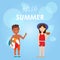 Hello Summer Square Banner. Cute Kids in Swimsuit.