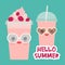Hello Summer Strawberry cranberry Take-out smoothie transparent plastic cup with straw and whipped cream. Kawaii cute face with su