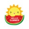 Hello Summer, sun holding a watermelon on have a fun summer time, Lounge time at the seaside. Summer vacation in flat cartoon