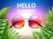 Hello summer sunglasses poster. Realistic color eyewear with green palm leaves, beach vacation banner, round frame