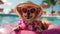 Hello Summer. Super cute chihuahua dog wearing straw hat and swimming in the pool. Ai generated image