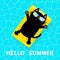 Hello Summer. Swimming pool. Black cat floating on yellow pool float water mattress. Top air view. Sunglasses. Lifebuoy. Cute cart