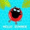 Hello Summer. Swimming pool water. Black cat floating on red pool float water circle. Top air view. Sunglasses. Lifebuoy. Palm tre