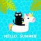 Hello Summer. Swimming pool water. Black cat floating on white unicorn pool float water circle. Top air view. Sunglasses. Lifebuoy