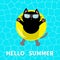 Hello Summer. Swimming pool water. Black cat floating on yellow pool float water circle. Top air view. Sunglasses. Lifebuoy. Cute