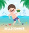 Hello summer template banner, hipster man jumping on have a fun summer time, Relaxing person at seashore, Lounge time