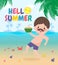 Hello summer template banner, hipster man jumping on have a fun summer time, Relaxing person at seashore, Lounge time