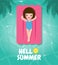 Hello summer template banner, Kid relaxing floating on inflatable at the beach in summer time top view. for advertising brochure