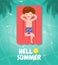 Hello summer template banner, Kid relaxing floating on inflatable at the beach in summer time top view. for advertising brochure