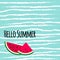 Hello summer text with cute colorful watermelon slices on blue b