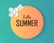 Hello summer text on large sun and decorated paper art flowers on deep blue sea background. Vector illustration. Holiday and Beach