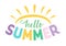 Hello Summer - text lettering. Calligraphy welcome summer season positive logo in bright colours with sun icon. Typography vector