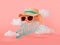 Hello Summer Text with Stylized Straw Hat and Sunglasses on Red Background With Clouds