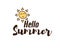 Hello Summer text with sun doodle. Vector hand drawn design with calligraphy. Sun cartoon character smiling