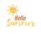 Hello Summer text with sun doodle. Vector hand drawn design with calligraphy. Sun cartoon character smiling.