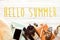 Hello summer text, travel wanderlust concept, space for text, fl