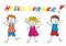 Hello summer, three happy kids, vector funny illustration