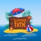 Hello summer time sand island tropical holiday vacation with sea with balloon and umbrella with wood banner