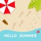 Hello summer. Top aerial view. Beach, sea ocean, sand, red umbrella, palm tree leaf