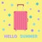 Hello summer. Travel bag suitcase baggage Pink luggage handbag wheel handle. Summer vacation planning. Travelling tourism.