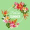 Hello Summer Tropic Design. Tropical Flowers Background for Poster, Sale Banner, Placard, Flyer. Floral Vintage