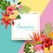 Hello Summer Tropic Design. Tropical Hibiskus Flowers Background for Poster, Sale Banner, Placard, Flyer. Floral Vintage