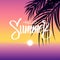Hello Summer tropical background with hand drawn lettering text design, sunset and palm leaves.