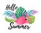 Hello summer - tropical leaves and flamingo background.