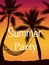 Hello summer. Tropical summer background with with palms, sky and sunset.