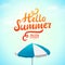 Hello summer, typography inscription with parasol. Vector Illustration