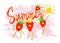 Hello summer vacation. Funny cartoon dynamic strawberry meet summer on grunge background. Positive characters are suitable for