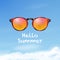 Hello Summer. Vector 3d Realistic Plastic Round Leopard Rimmed Eye Sunglasses with Reflection of Palm Trees. Closeup on