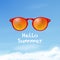 Hello Summer. Vector 3d Realistic Plastic Round Red Rimmed Eye Sunglasses with Reflection of Palm Trees. Closeup on Blue