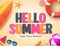 Hello summer vector background design with colorful 3D pattern text