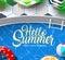 Hello summer vector banner design. Hello summer enjoy every moment text in swimming pool background with elements like floater.