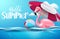 Hello summer vector banner design. Hello summer text with flamingo and beachball floating in sea water for summer relax and enjoy.
