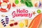 Hello summer vector banner design. Hello summer text in wood background with beach and tropical fruits like surf board, lifebuoy.