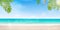 Hello summer vector banner design vacation concept. Poster Landscape Seashore Resort View with Beach, shiny ocean, sea