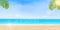 Hello summer vector banner design vacation concept. Poster Landscape Seashore Resort View with Beach, shiny ocean, sea